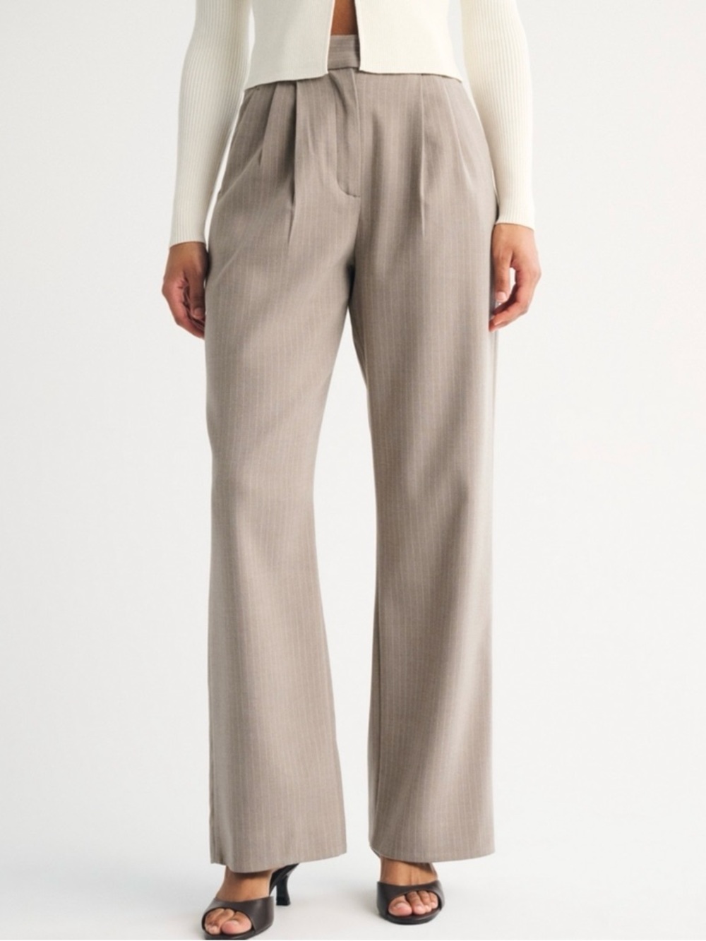 Abercrombie & Fitch Taupe Pinstripe Wide-Leg Trousers Sloan Long